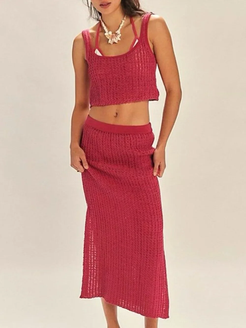 Free People 2 piece Crop Tank and Midi Skirt Sweater set Pink Size XL NWOT - Picture 2 of 12
